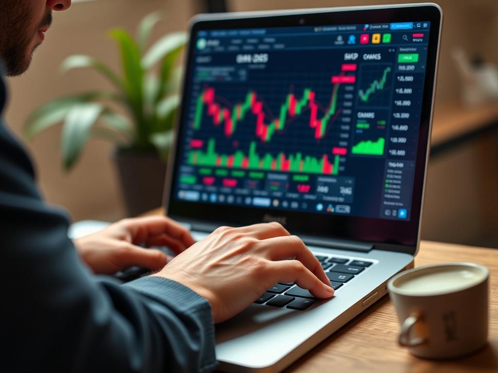 A realistic close up shot of a trader's hands typing