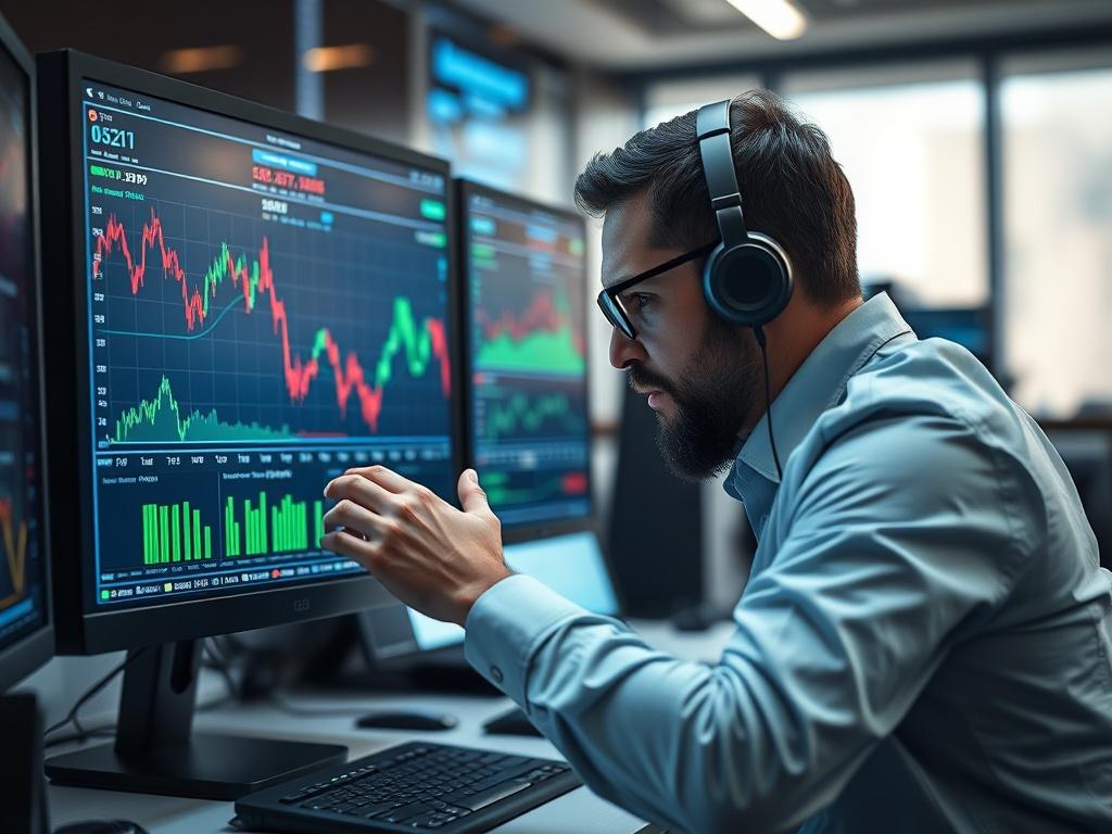 A hyper realistic close up shot of a trader adjusting