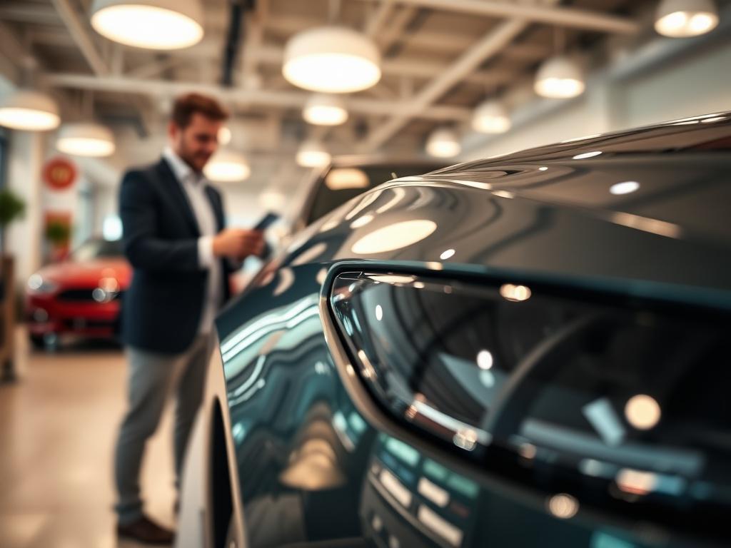 A close-up shot of a sleek, modern car being inspected by a friendly professional in a well-lit environment. The background showcases a clean and organized car dealership setting, emphasizing a welcoming atmosphere. The image should focus on the car's details, highlighting its features, with a soft bokeh effect. The color scheme should incorporate the primary color rgb(245, 77, 77) subtly in the surroundings.