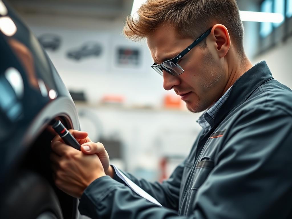 A hyper-realistic close-up of an expert at Polish Motor Mafia evaluating a car, with tools and documents in hand. The background should feature a well-lit, organized workspace, emphasizing professionalism and attention to detail.
