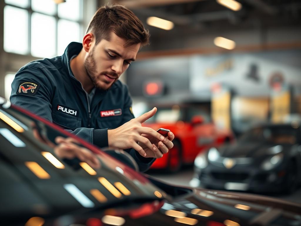 A close-up shot of a team member from Polish Motor Mafia, engaging with a client over a car model, showcasing a professional and friendly atmosphere. The background should be subtly blurred to accentuate the interaction, with warm lighting highlighting the details of the car.