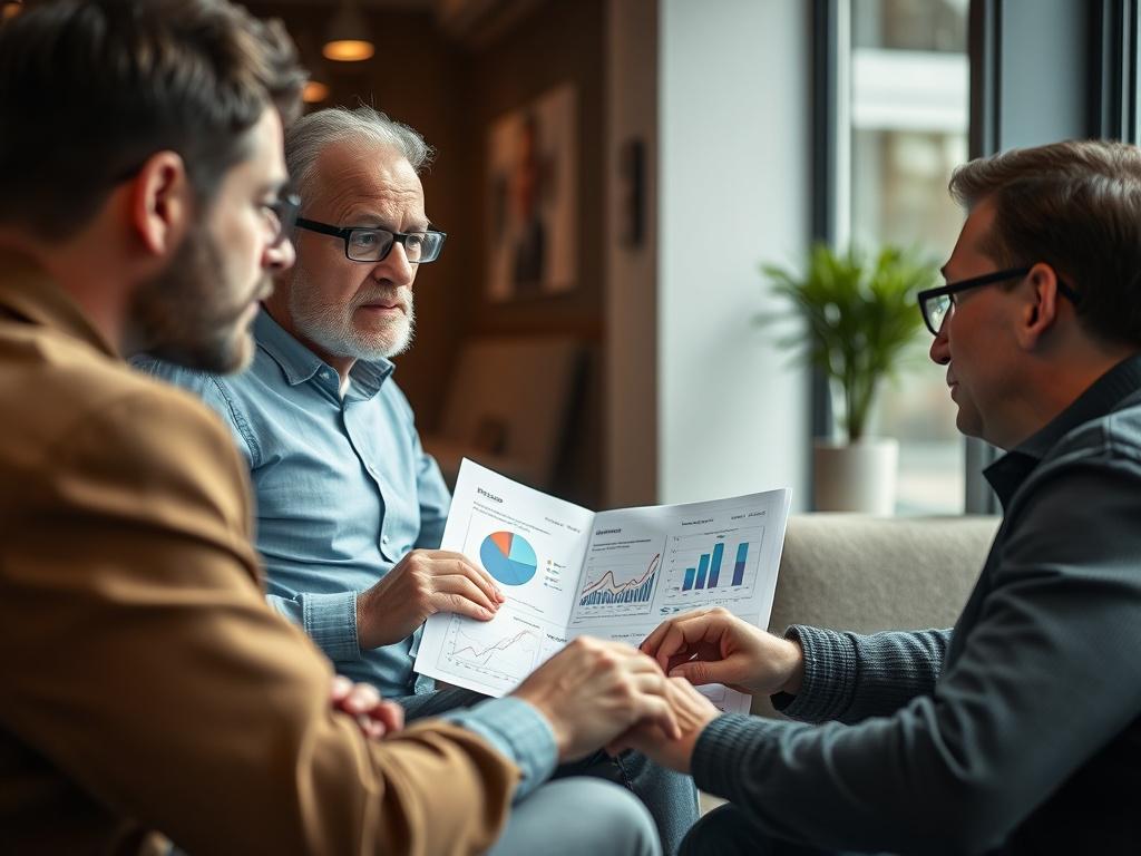 A close-up image of a Polish Motor Mafia consultant discussing strategies with a seller, using a laptop and charts. The setting should be modern and inviting, highlighting the collaborative atmosphere.