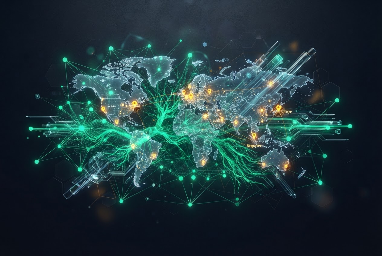 Glowing network of data nodes and GIS map overlay in emerald and amber tones