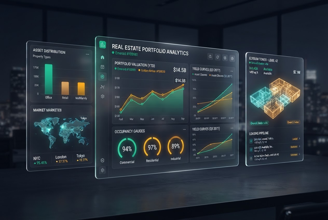 Frosted glass analytics panels showing property valuation charts, occupancy gauges and yield curves