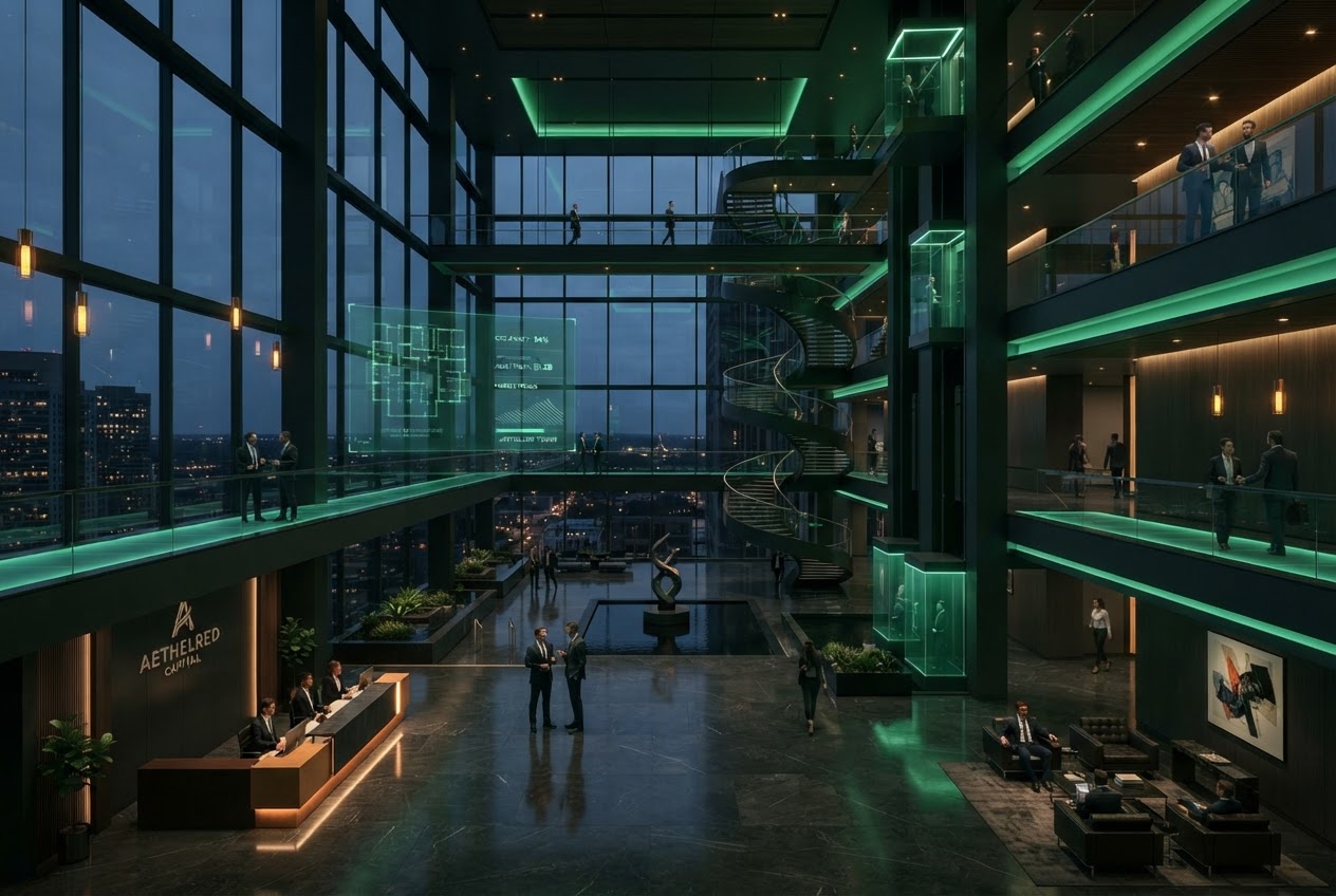 Modern commercial building atrium with emerald and amber ambient lighting