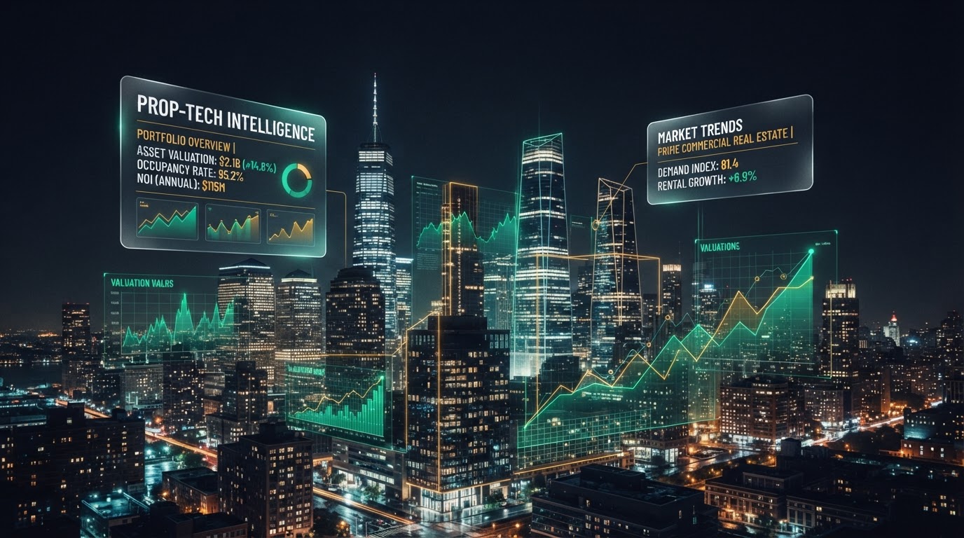 Commercial skyline overlaid with holographic valuation analytics in emerald and amber