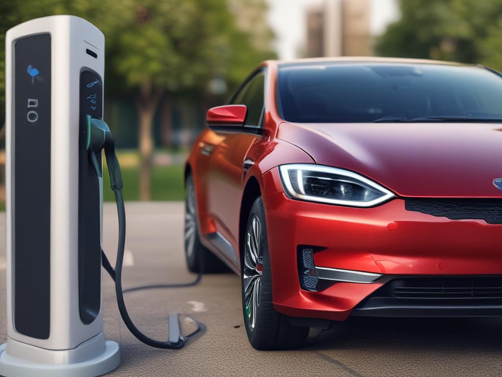 A close-up shot of an electric car charging at a charging station, showcasing the charging port and the setup. The background is a simple, clean outdoor setting with natural lighting. The image should convey a sense of ease and accessibility, highlighting the charging process. The color theme should include vibrant green shades to reflect the eco-friendly aspect of electric vehicles.