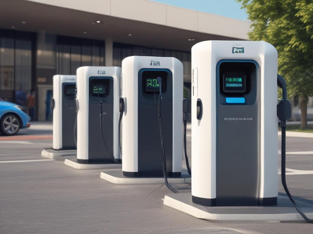 Create a realistic high-resolution photo of a modern electric vehicle charging station located in an urban environment. The photo should capture the sleek design of the charging station, with a focus on a high-quality electric car plugged in. The background should include greenery and modern architecture, showcasing a clean and eco-friendly atmosphere. The lighting should be bright and inviting, emphasizing the vibrant green color scheme of the charging station, compatible with rgb(50, 170, 39). The composi