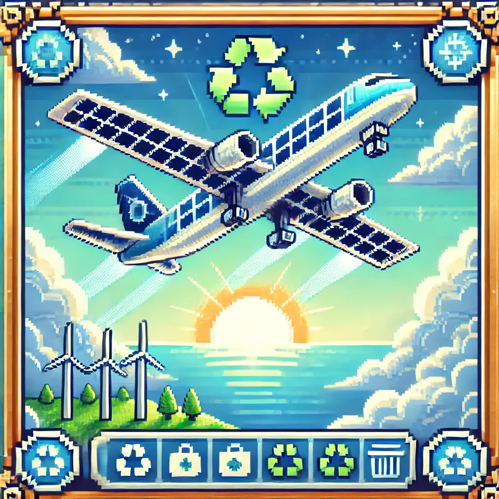 dall·e 2024-10-18 15.02.56 - an 8-bit style nft called 'ecoflight token' featuring a futuristic eco-friendly aircraft soaring through blue skies. the aircraft has wings with solar.webp