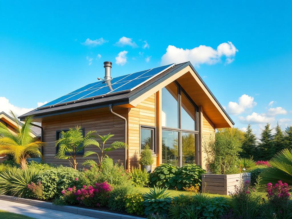 A hyper-realistic close-up shot of a modern NFT Agro Smart Home, showcasing solar panels on the roof and a lush garden surrounding the house. The design should reflect eco-friendly construction with recycled materials, featuring large windows to allow natural light. The background should be a bright blue sky with a few clouds, emphasizing the sustainability aspect. The image should be rendered in high-resolution, compatible with the #FF6E4E primary color.