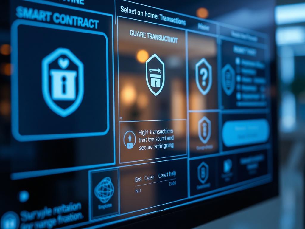 A close-up view of a digital interface displaying blockchain technology for home management. The screen shows secure transactions and smart contract features, with a sleek and modern design. The background should be subtly futuristic to reflect the innovation being presented.
