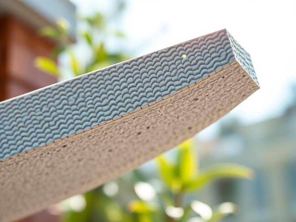 A close-up shot of a 3D printed construction material made from recycled plastic, set in a bright, natural environment. The focus is on the texture and details of the material, showcasing its durability. The background should be slightly blurred to emphasize the material, with hints of greenery to highlight sustainability.