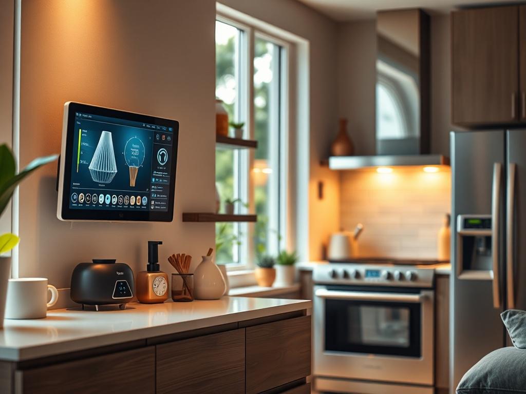 A hyper-realistic close-up of a modern smart home interior, showcasing advanced IoT devices and energy-efficient appliances. The lighting is warm and inviting, with a focus on the tech features. The background should include elements of nature, such as plants or windows showing greenery, to emphasize the integration of technology and sustainability.