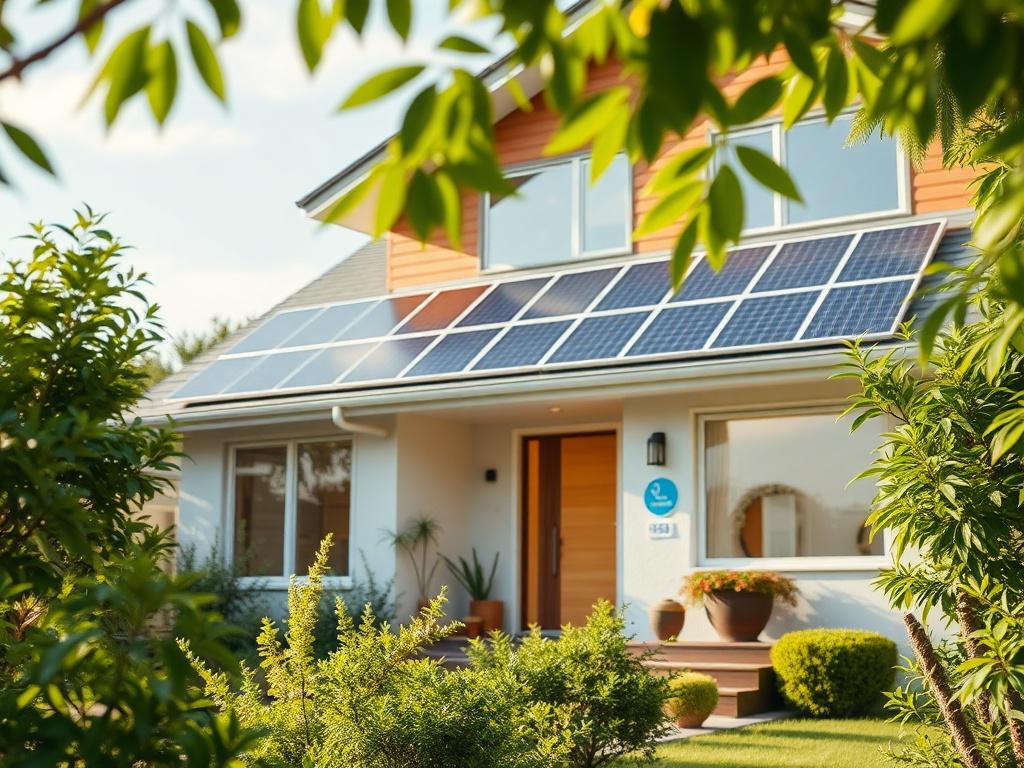 A hyper-realistic close-up of an eco-friendly smart home exterior, featuring solar panels and lush greenery surrounding the property. The focus should be on the home’s sustainable features, with bright, natural lighting to convey an inviting and warm atmosphere.