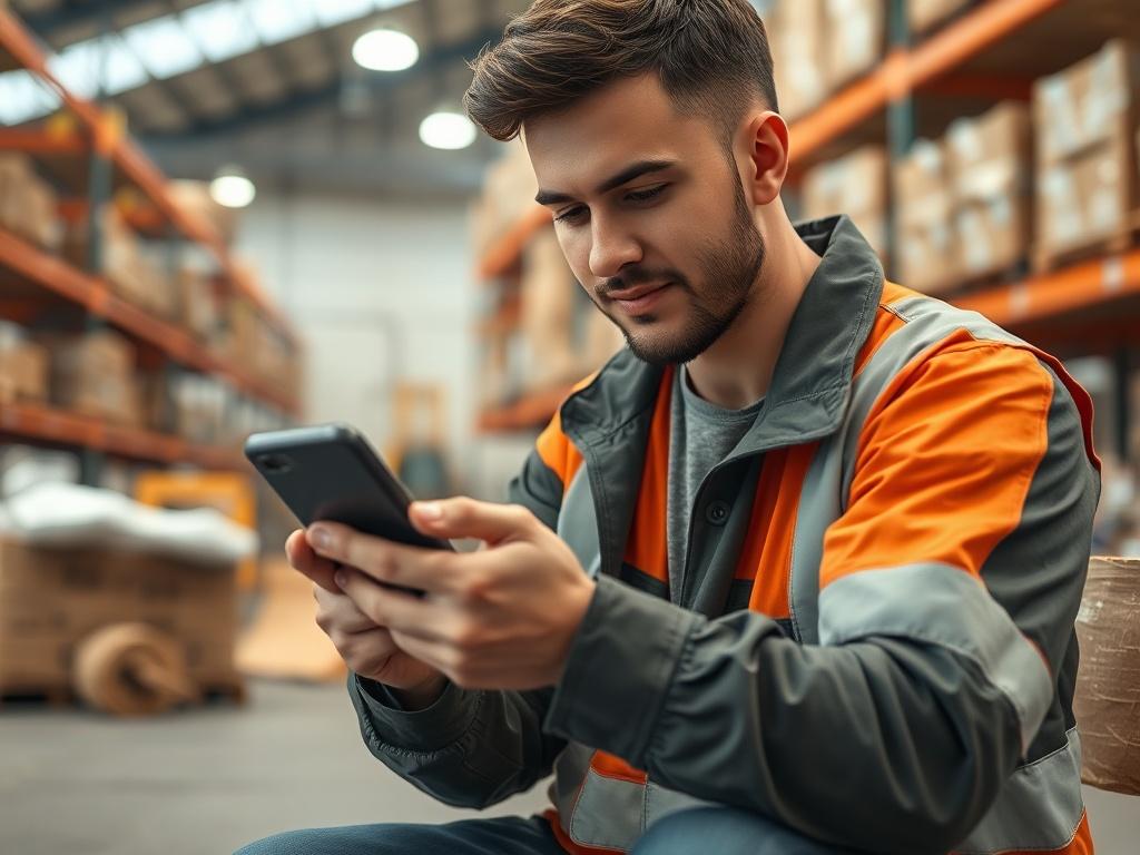 A high resolution depicting a warehouse worker studying on a