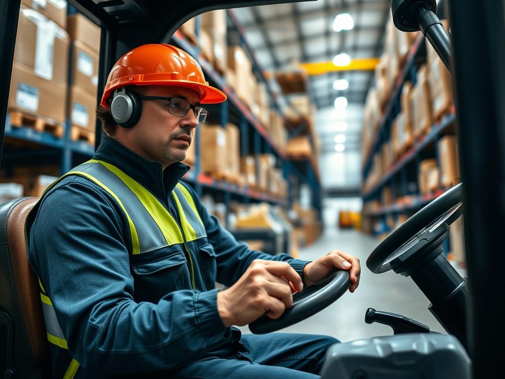 A realistic high-resolution close-up of a forklift operator in a warehouse setting, focusing on the operator's hands on the controls, with safety gear visible. The background shows shelves filled with boxes and equipment, emphasizing a safe and organized environment. The lighting is bright and clear, highlighting the operator's concentration and professionalism.