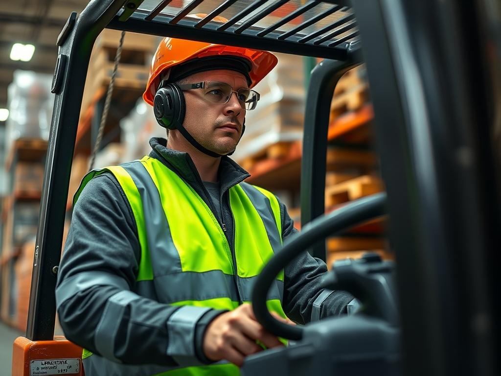 A close-up shot of a forklift operator wearing safety gear, focused on operating the forklift in a warehouse environment. The background shows shelves with stacked pallets, emphasizing a busy warehouse setting. The image should have vibrant colors, particularly featuring green hues that align with the rgb(50, 170, 39) primary color, captured with a 45mm f/1.2 lens for a sharp focus on the operator.
