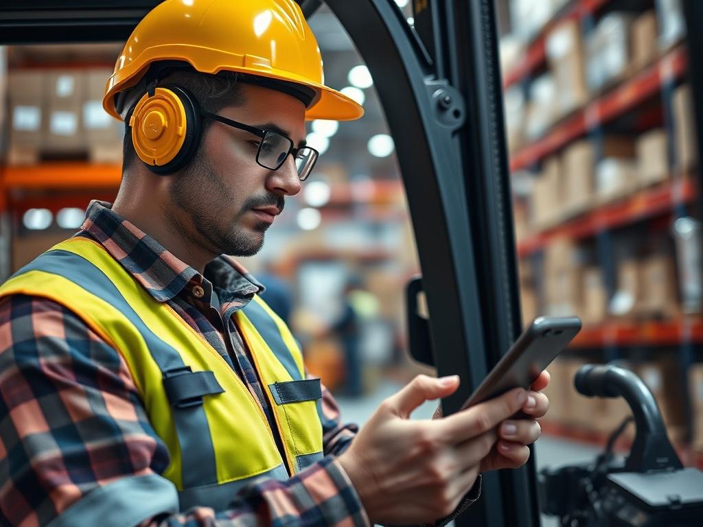 A close-up shot of a forklift operator wearing safety gear, concentrating while taking a training quiz on a mobile device. The background features a busy warehouse environment, with shelves and boxes, showcasing a realistic and dynamic setting. The image should embody a sense of focus and professionalism.