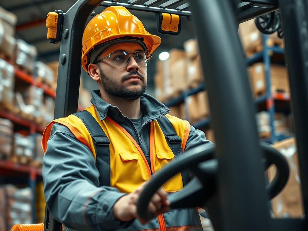 A close-up shot of a forklift operator wearing safety gear, focused on maneuvering the forklift in a warehouse setting. The background showcases shelves stacked with goods, emphasizing a busy work environment, all captured with a 45mm f/1.2 lens for sharp detail.