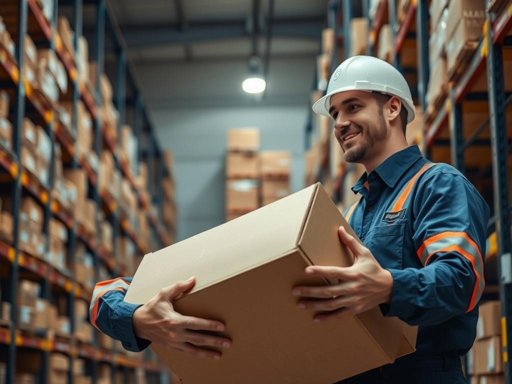 A close-up of a warehouse worker using proper lifting techniques while handling a box. The background includes shelves filled with inventory, highlighting the importance of safety in a dynamic warehouse environment, shot with a 45mm f/1.2 lens.