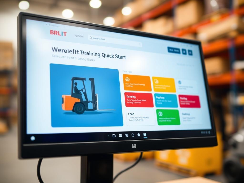 A close-up shot of a computer screen displaying the Forklift & Warehouse Quick-Start interface where users are selecting training tracks. The image captures the screen clearly, with vibrant colors highlighting the options, and a soft focus background showing a warehouse setting.