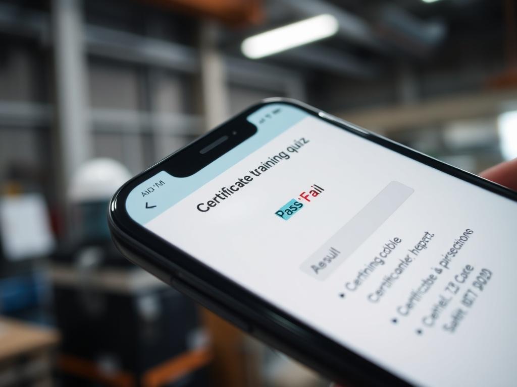 A close-up shot of a mobile device displaying a pass/fail result from the training quiz, along with a certificate code. The background features a workspace or training area, emphasizing the importance of safety documentation.