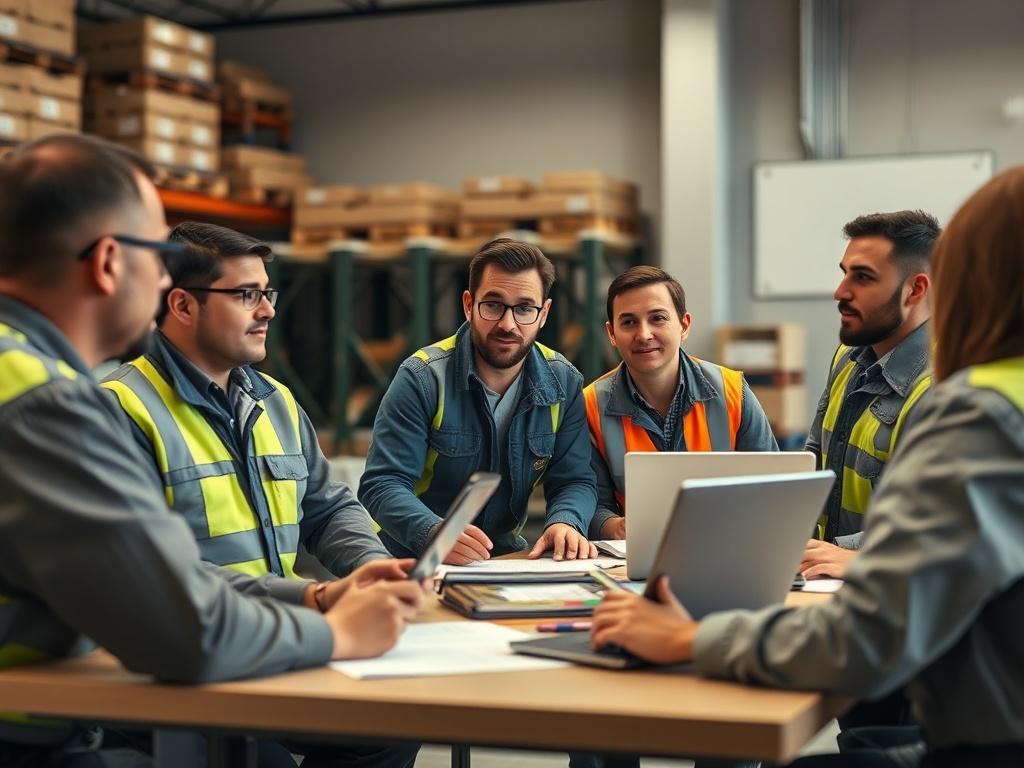 A close-up image of a group of warehouse employees engaged in a training session, gathered around a table with safety materials and laptops. The setting is a well-lit training room, captured with a 45mm f/1.2 lens for clarity.