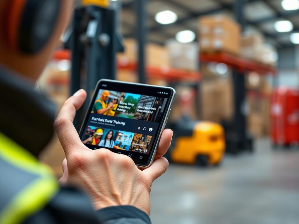 A close-up shot of a learner interacting with a mobile device while studying safety lessons for Forklift & Warehouse training. The screen displays vibrant educational content, and the background has a warehouse or training environment, emphasizing learning.