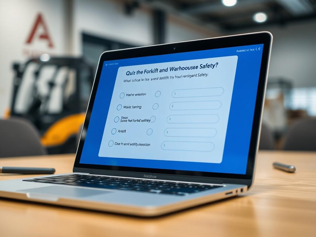 A close-up shot of a quiz interface on a laptop or tablet screen, showing multiple-choice questions related to forklift and warehouse safety. The setting is bright and focused, with a blurred background of a training room or office.