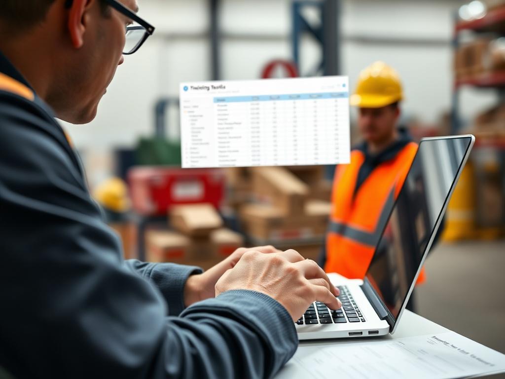 A close-up shot of a supervisor reviewing training results on a laptop, with a focus on the screen showing completed training records. The background is an office or warehouse setting, highlighting workplace safety.