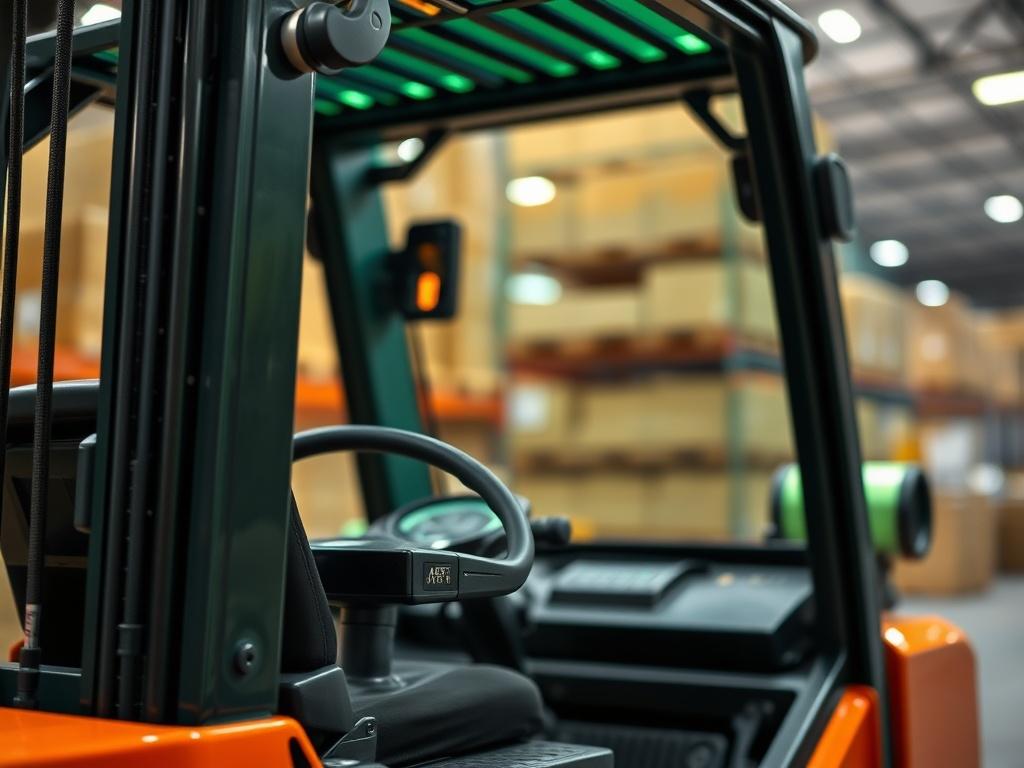 A high-resolution close-up image of a forklift in action, showcasing its operational features and safety elements. The focus should be on the forklift's controls and the operator's hands, with a blurred warehouse background to emphasize the working environment. The image should have a vibrant green overlay (rgb(50, 170, 39)) to align with the branding.