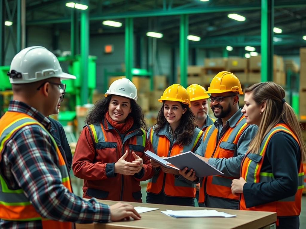 A close-up shot of a warehouse safety training session, featuring a diverse group of employees engaged in learning about safety protocols. The image should capture the interactions among team members, with safety equipment visibly displayed in the background, all enhanced with a green hue (rgb(50, 170, 39)).