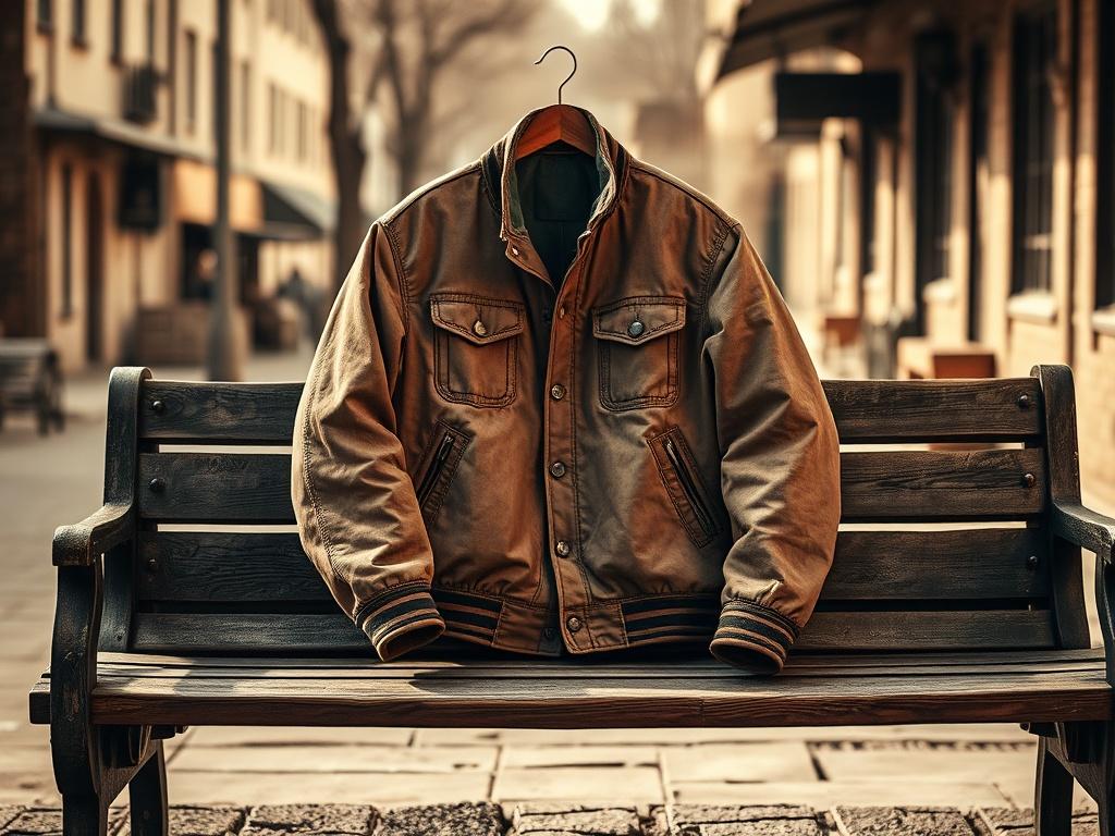 A vintage jacket displayed on a rustic wooden bench, surrounded