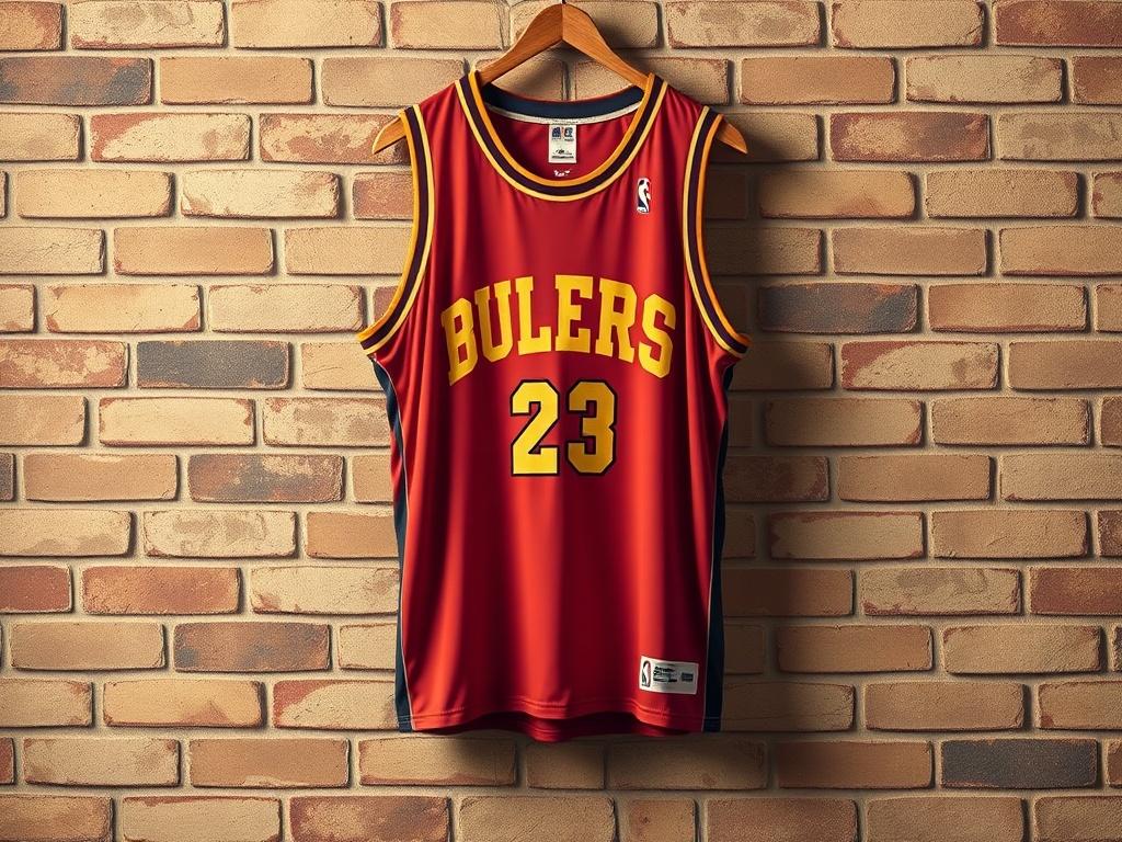 A retro basketball jersey hanging against a textured brick wall,