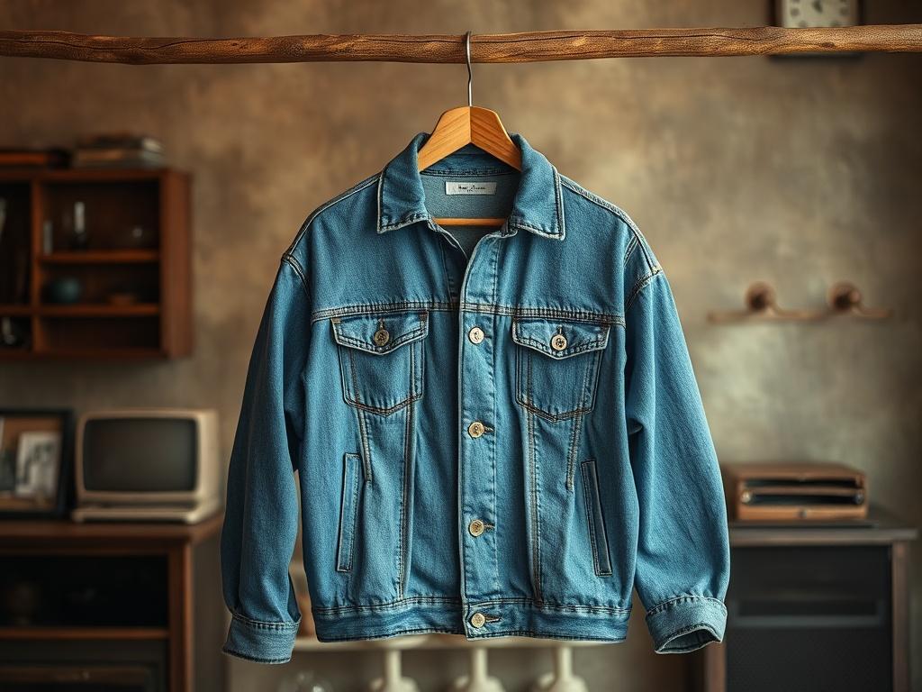 A classic denim jacket displayed on a rustic wooden hanger,