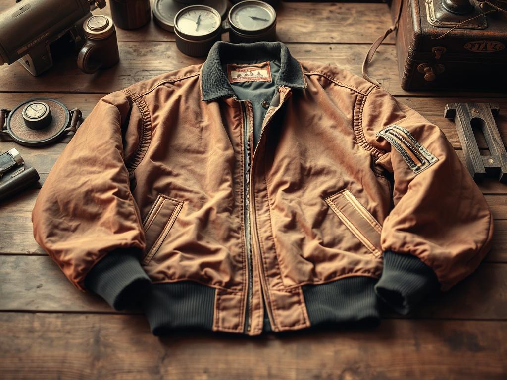 A vintage bomber jacket laid out on a rustic wooden