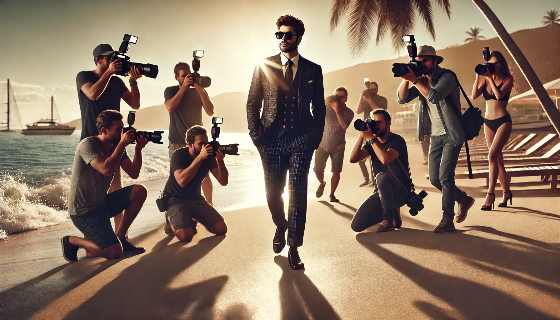 dall·e 2025-03-25 20.07.14 - a cinematic and realistic scene of paparazzi photographers surrounding a vip celebrity on a beach. the vip is stylishly dressed, wearing sunglasses, a.webp