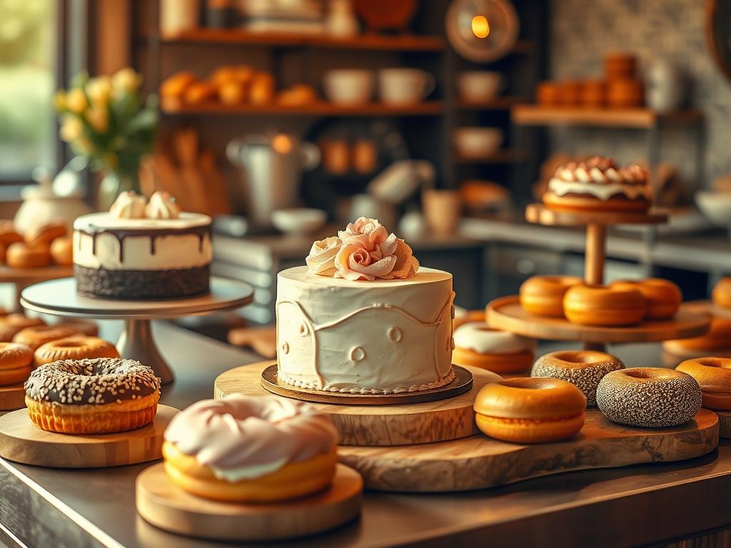 A cozy bakery display showcasing an array of freshly baked