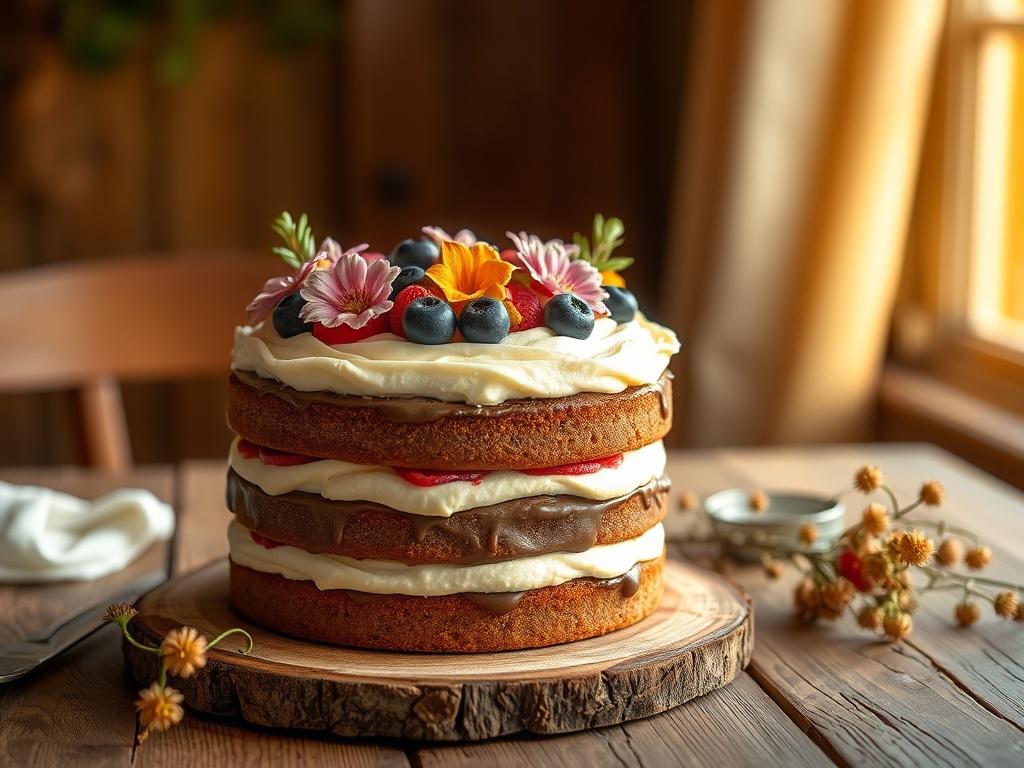 A beautifully decorated cake on a rustic wooden table, showcasing