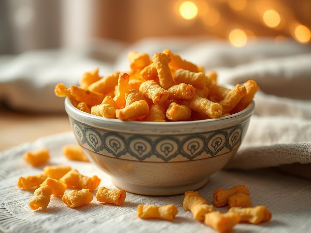 A bowl filled with crispy chinchin, placed on a cozy