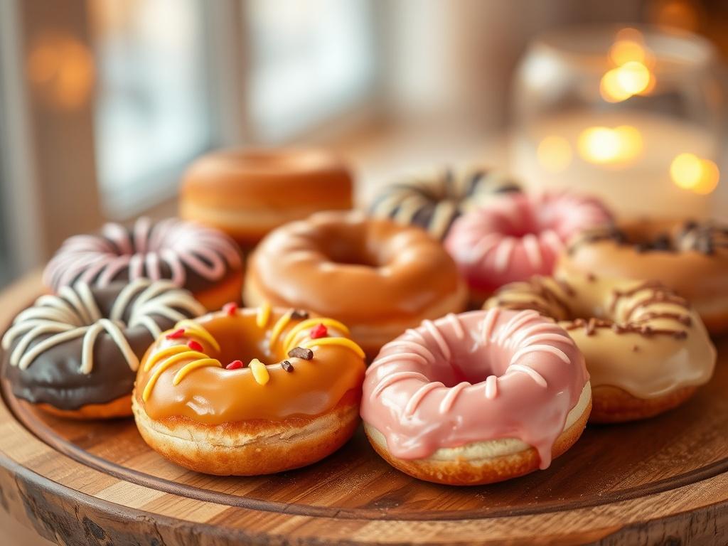 A close up of a variety of colorful doughnuts arranged
