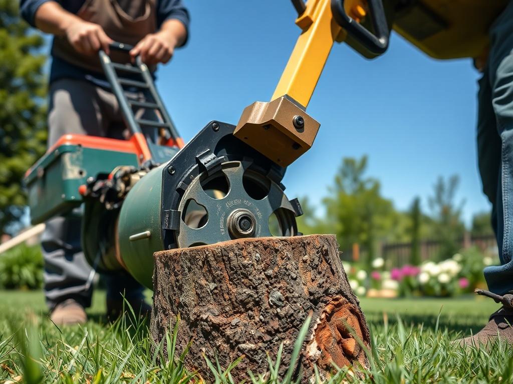 A close-up shot of a professional gardener using a stump removal machine in a garden, focusing on the machine's blades cutting through the stump. The background shows a well-maintained garden with green grass and flowers, under a clear blue sky. The image should capture the precision and safety of the stump removal process, emphasizing the expertise of the gardener.