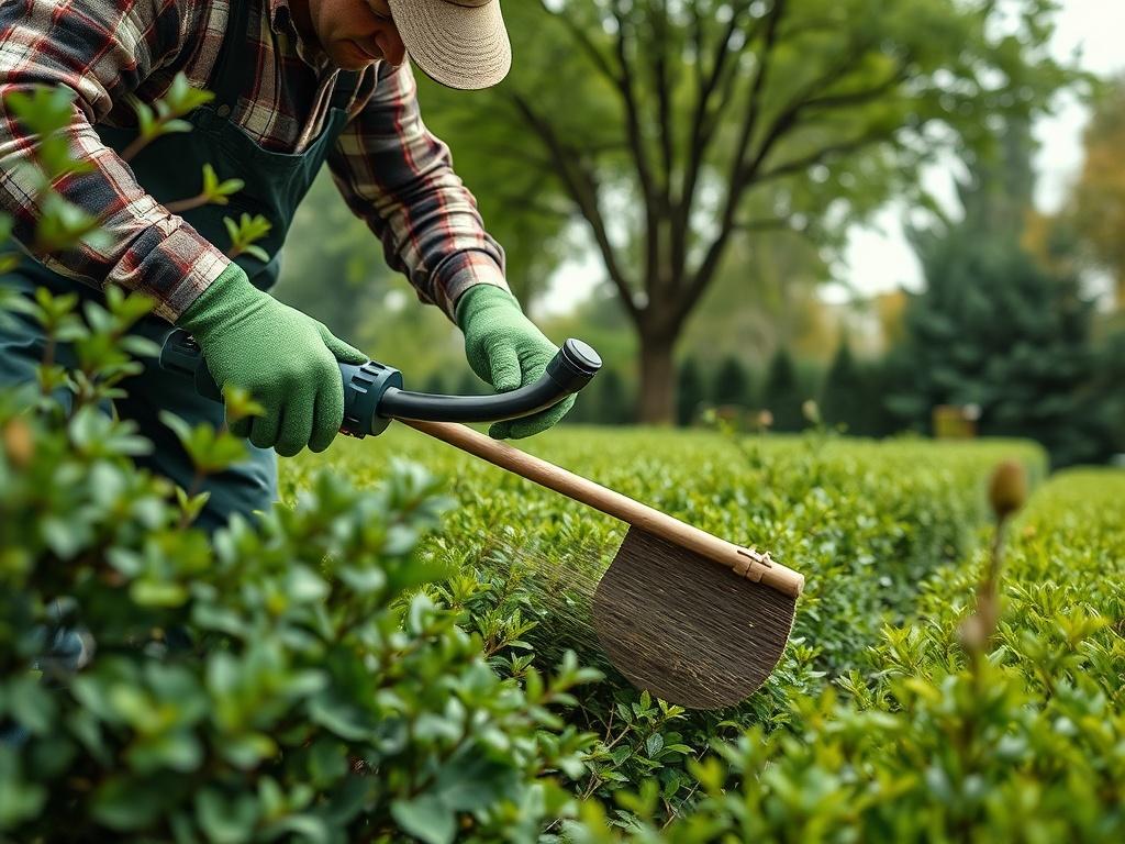 A close-up shot of a professional gardener in action, using a brush cutter to clear dense bushes in a garden. The background shows a lush green landscape with trees, creating a serene and natural atmosphere. The focus is on the details of the brush cutter and the effort of the gardener, with a vibrant green color scheme to emphasize the freshness of the garden.