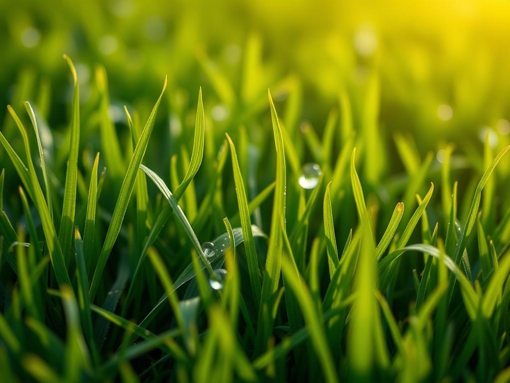 A close-up shot of a freshly cut green lawn, showcasing the vibrant green grass with a few dew drops. The background is softly blurred, emphasizing the lushness of the grass. The image should have a hyper-realistic style, taken with a 45mm f/1.2 lens, focusing on the texture and detail of the grass blades.