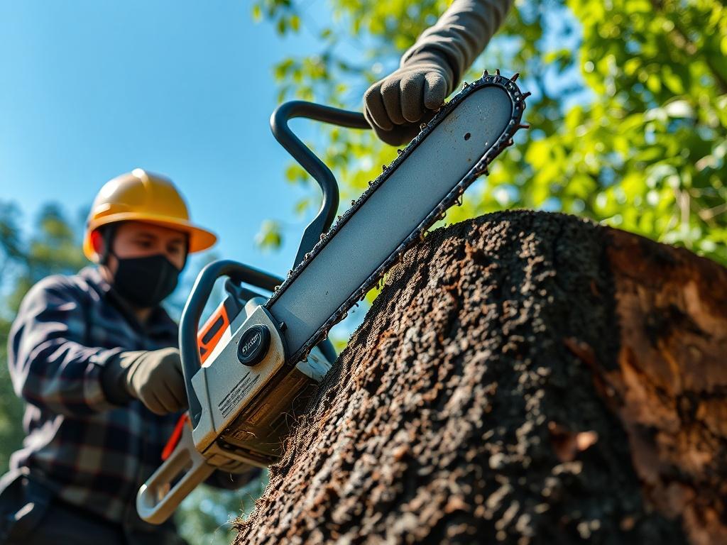 A close up shot of a professional tree cutter using