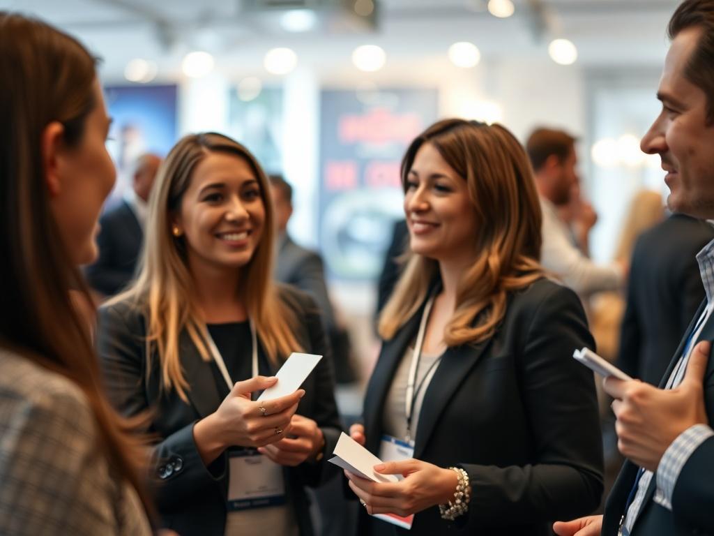 A realistic close-up of a professional networking event scene, with individuals engaging in conversations and exchanging business cards. The focus should be on a friendly interaction, capturing the essence of building professional relationships. The background should be lively, reflecting an energetic atmosphere.