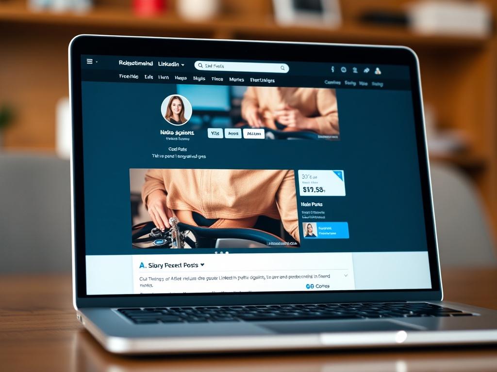 A realistic close-up of a laptop screen displaying a professional LinkedIn profile, highlighting recent posts and engagement metrics. The background should be blurred, emphasizing the laptop and the LinkedIn interface. The image should be vibrant and engaging, showcasing professionalism and modern design.
