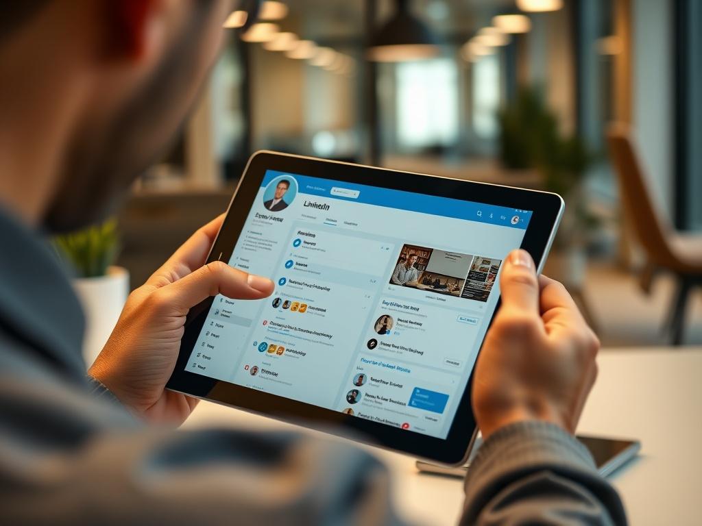 A realistic close-up of a professional person reviewing their LinkedIn profile on a tablet. The profile should include key sections like experience, skills, and recommendations. The background should be a modern workspace, creating an atmosphere of professionalism and focus.