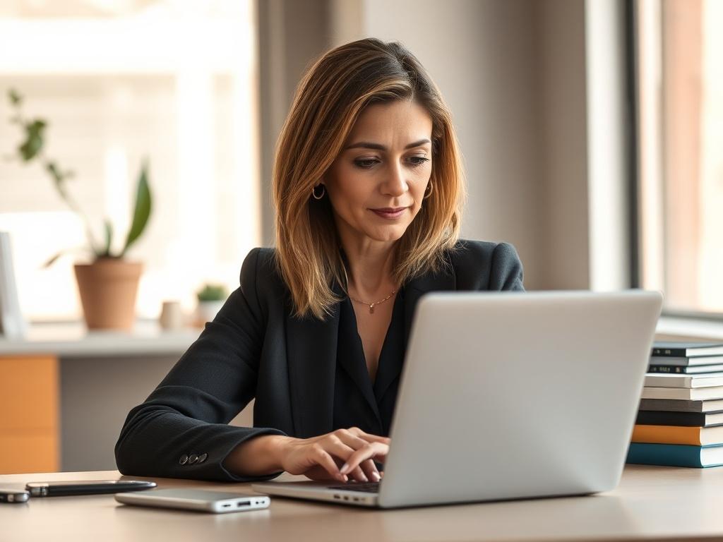 **AI Image Generation Prompt:**

Create a realistic high-resolution photo for a blog titled "Cómo Potenciar tu Perfil de LinkedIn." The image should feature a professional individual focused on their laptop, deeply engaged in optimizing their LinkedIn profile. The subject should be a middle-aged Hispanic woman with shoulder-length hair, wearing smart casual attire, seated at a modern desk with a clean design.

The background should be a softly blurred office environment, showcasing subtle details like a pot