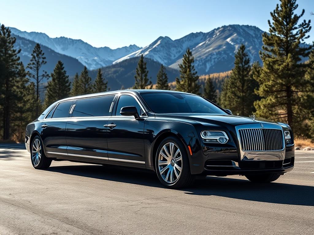 A luxurious black limousine parked elegantly in front of a stunning Aspen mountain backdrop, showcasing the beauty of the Rockies. The limousine is gleaming under the soft sunlight, surrounded by pine trees and a clear blue sky. The composition focuses on the vehicle, emphasizing its sleek design and luxurious features, with the majestic mountains in the background creating a sense of adventure and exclusivity.